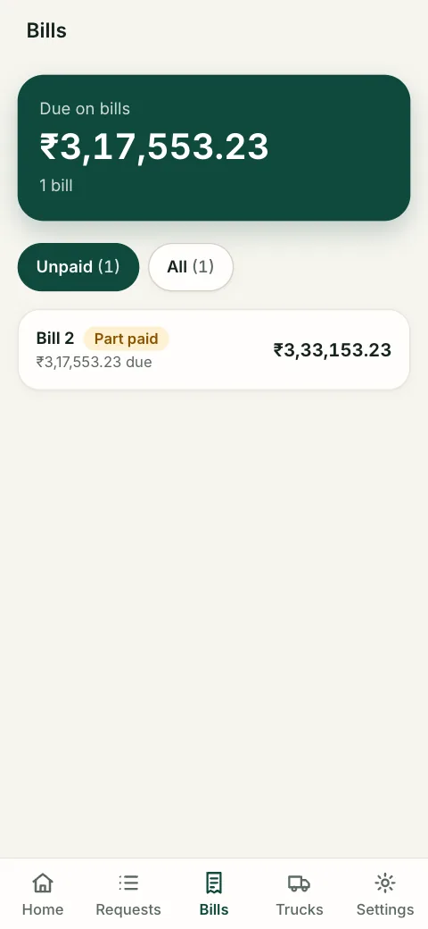 Khata Kavach Transporter, the Bills tab: what is due on bills, and the list with one unpaid bill.