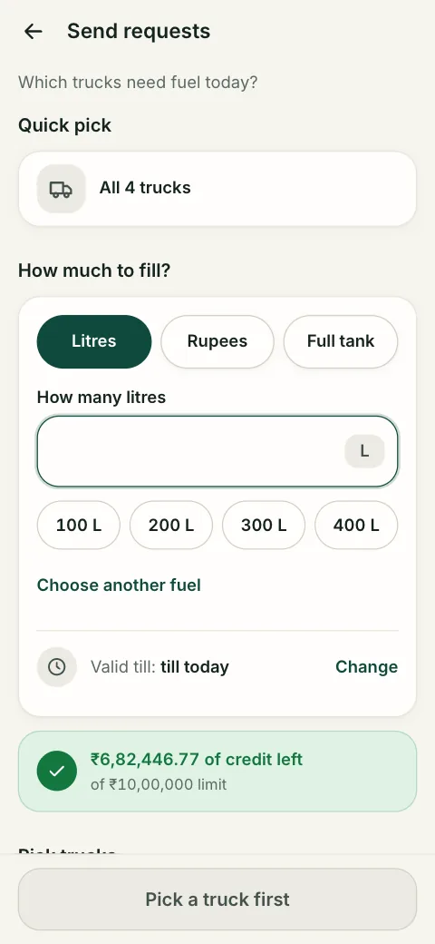 Khata Kavach Transporter, the request screen: Litres, Rupees or Full tank, Diesel or Petrol, and quick litre amounts.